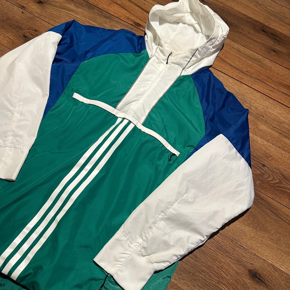 Adidas Green Blue White Colorblock Windbreaker Anorak Mens L CV3270